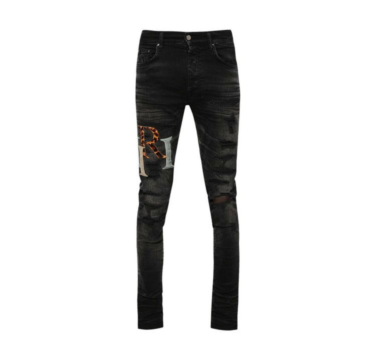 Amiri Leather Staggered Logo Jeans Faded Black
