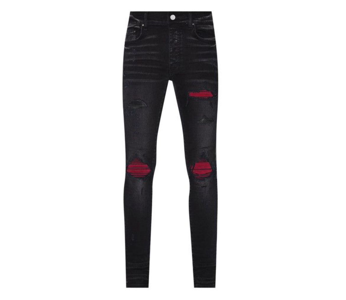 Amiri MX1 Ultra Suede Aged Jeans Black / Red