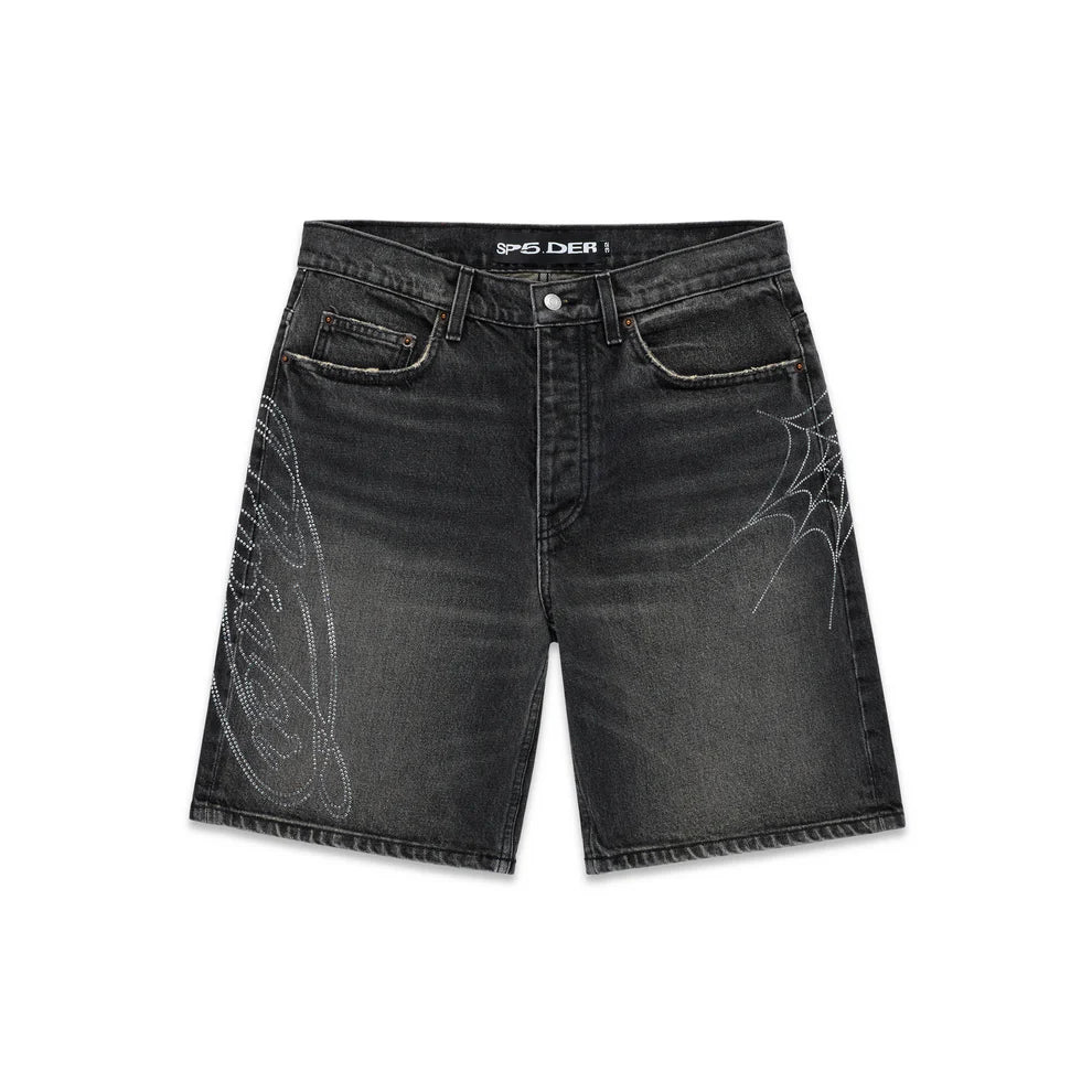 Sp5der Script Web Denim Shorts Black