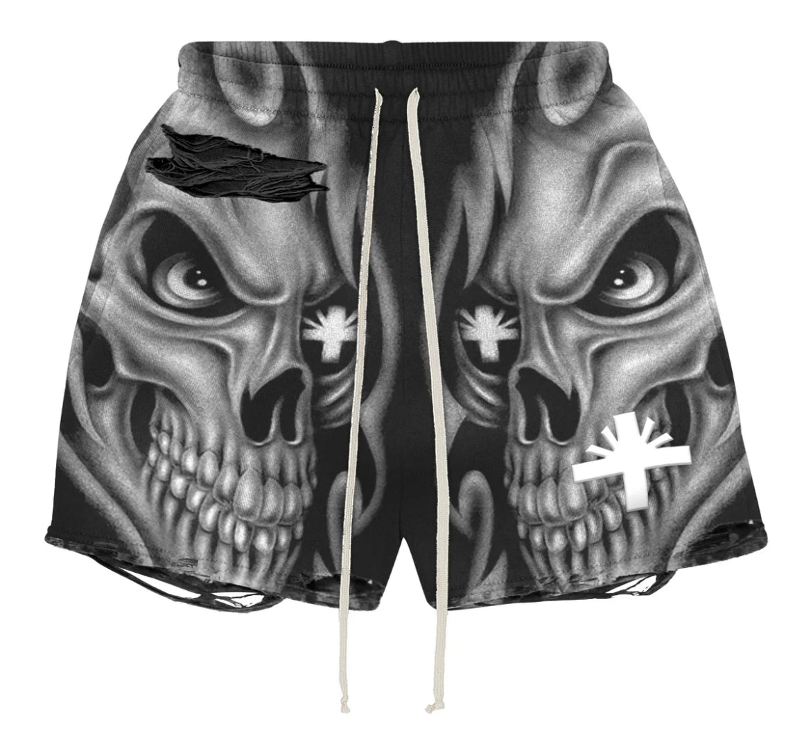 Vertabrae Skull Storm Distressed Shorts Black