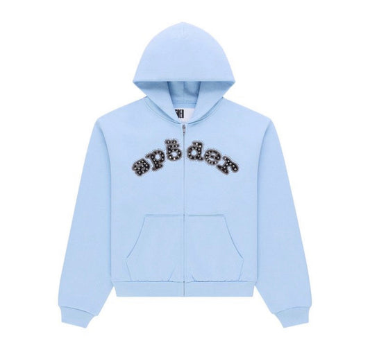 Sp5der Mixed Stone Zip Hoodie Rock Blue