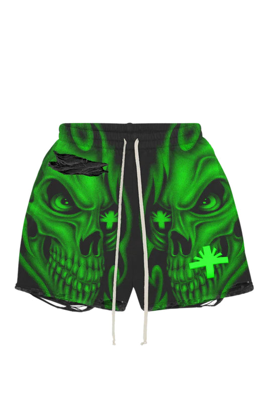 Vertabrae Skull Storm Distressed Shorts Green