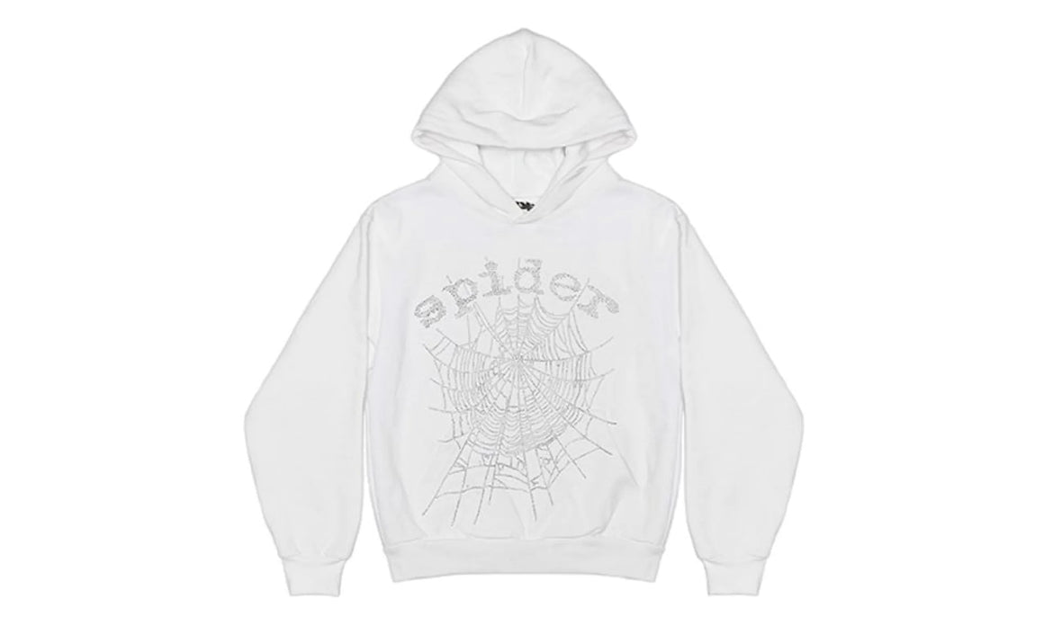 Sp5der OG Rhinestone Logo Hoodie White